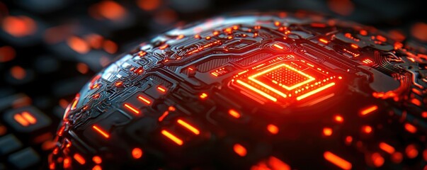 A closeup of a biomechanical brain core, glowing with digital circuits and actively processing input data