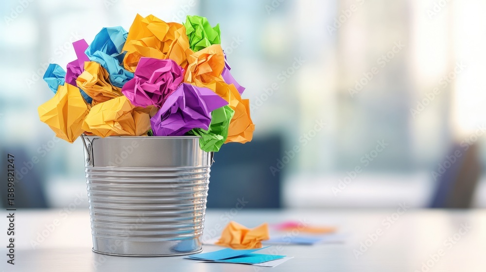 Poster a colorful collection of crumpled paper in a metallic bucket sits on a table, creating a vibrant and