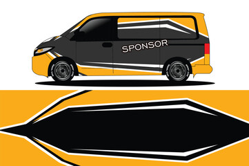 Stylish van design featuring bold graphics and sponsor branding, set against a clean background