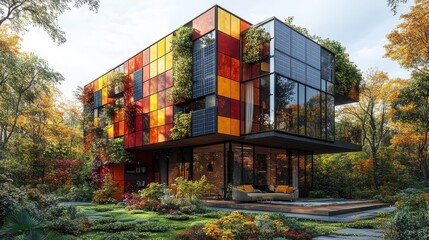 Obraz premium Colorful EcoHouse with Autumn Forest.