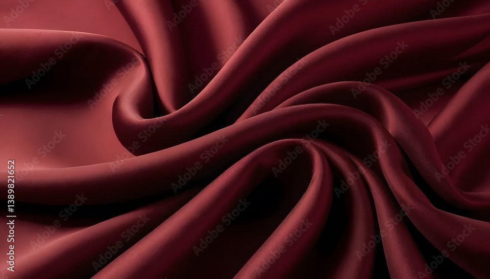 Poster Deep Red Fabric Texture Abstract. Flowing Smooth Waves Create Elegant Curves. Luxurious Textile Depth. Enhanced Light And Shadow Emphasize Folds. A Visually Striking And Soft Material