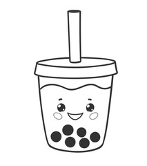 Vector line art illustration of a cute bubble tea cup with kawaii face, big straw, and tapioca balls.