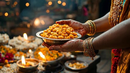 Traditional Indian food is offered to the deity during Govardhan Puja, part of the Diwali festivities, symbolizing gratitude and abundance through the ritual of Annakut. High quality 4k footage