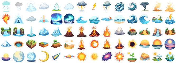 Nature elements flat vector illustration set in vibrant colors showing weather, water, earth, fire	