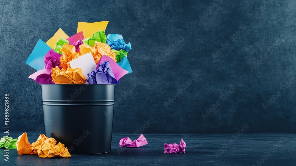 Poster a black bucket filled with colorful crumpled paper scraps sits against a dark background, creating a