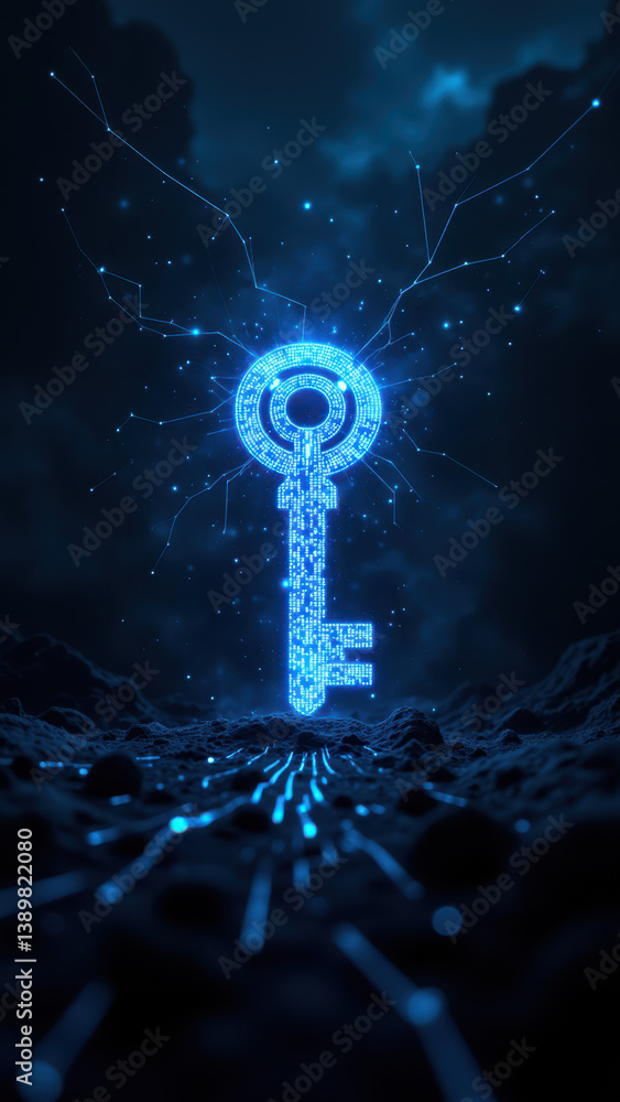 Poster a futuristic digital key on a mysterious background, symbolizing access or control over digital info