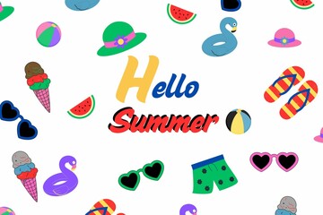 set of summer icons, Set of summer items, hello summer, hello summer holidays concept 