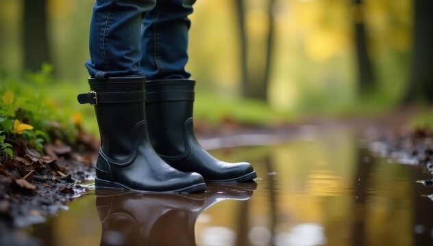 Two muddy black boots stand in a woodland puddle, trees softly blurred , wet, trees, green