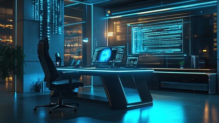 Futuristic programmer's office with glowing blue screens displaying code.