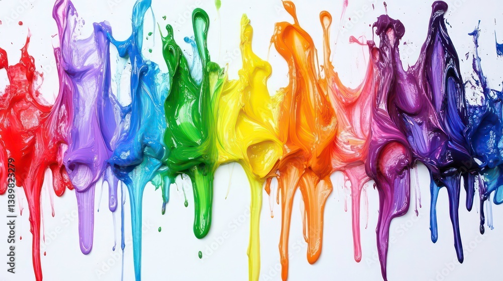 Poster colorful paint splatters create vibrant pattern on white background. vivid hues form abstract design