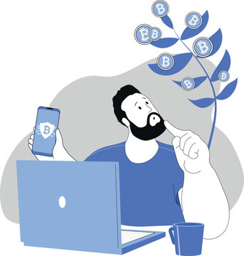 Mining, crypto wallet app, profitable investment in bitcoin. Vector illustration investor, increase digital money income, electronic currency