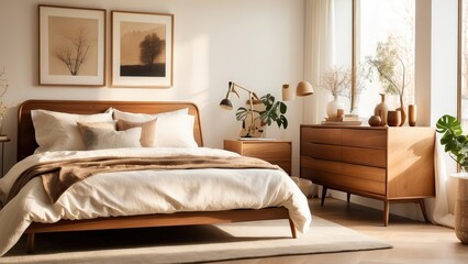 A cozy bedroom setup with a wooden side table on the left