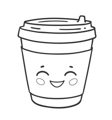 Vector line art illustration of a cute takeaway coffee cup with kawaii smiling face and lid for hot drinks.
