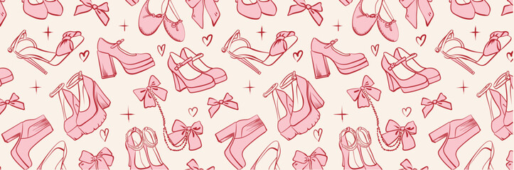 Pink pattern of coquette vintage girly shoes, bows and hearts. Hand drawn background in doodle style. Vector drawing for invitation, cover,  scrapbooking, postcard or personal secret diary.