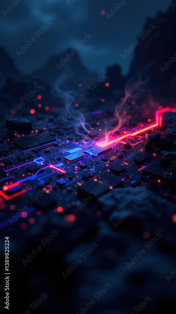 Poster digital cybernetic landscape with neon pathways and glowing particles symbolizing internet security.