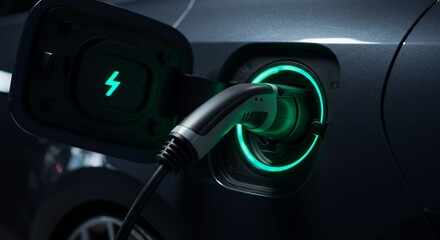 Charging Electric Car with Green Energy Indicator Plugged in for Refueling