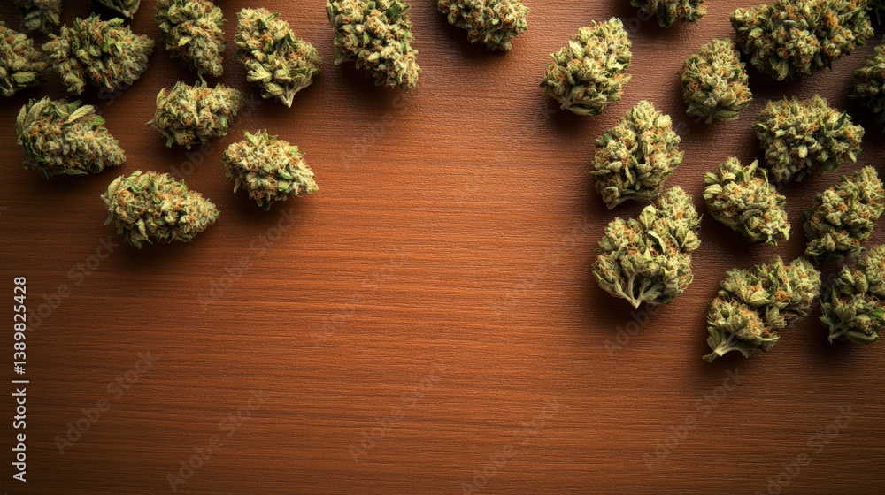 Poster overhead close-up view of scattered dried cannabis buds on a rustic brown wood surface with an empty
