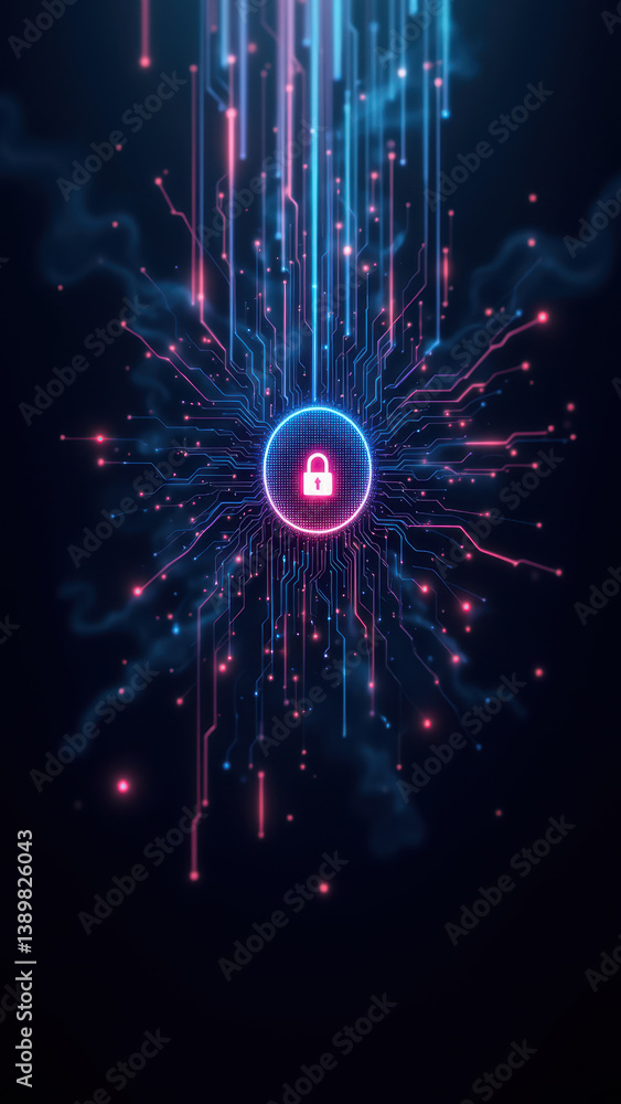 Poster a futuristic digital lock with a network of lights and lines, symbolizing cybersecurity.