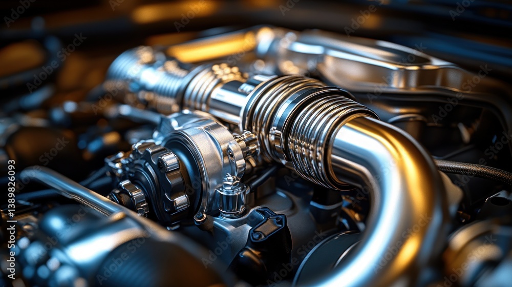 Poster close-up view of a high-performance engine's intricate components, showcasing advanced engineering a