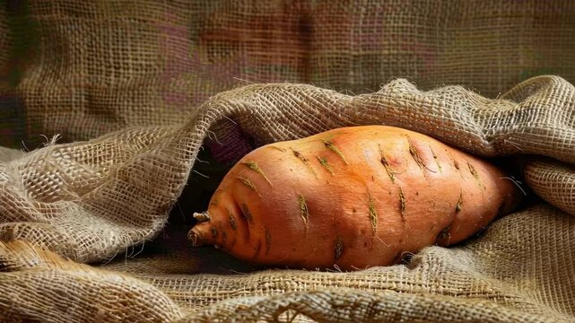 sweet potato on burlap background. selective focus
