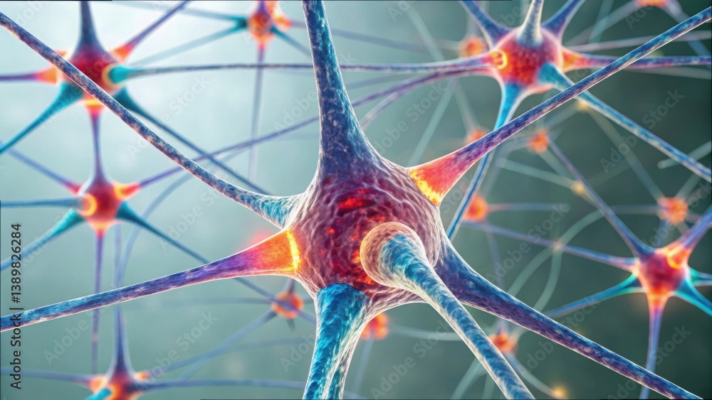 Poster close-up view of synthetic neurons in interconnected biotech network