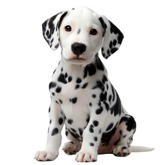 Dalmatian puppy sitting and looking at the camera on a transparent background (PNG) --s 750