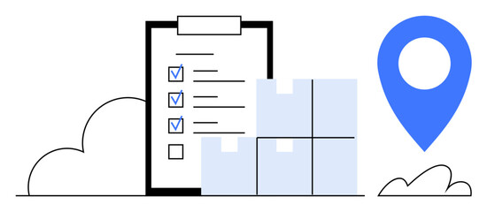 Checklist with ticked items aligned beside parcel boxes and a blue location pin. Ideal for logistics, delivery planning, inventory, supply chain, task tracking, order fulfillment, flat simple