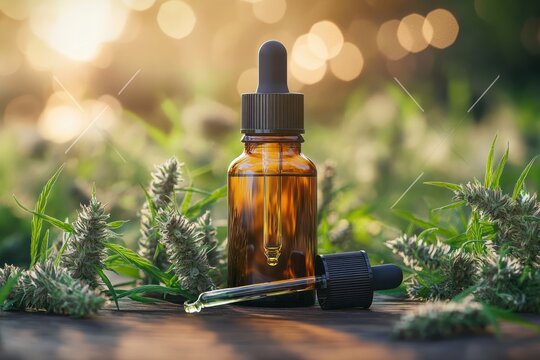 Brown Glass Bottle with Hemp Leaves and Oil Extracts in Natural Still Life Composition