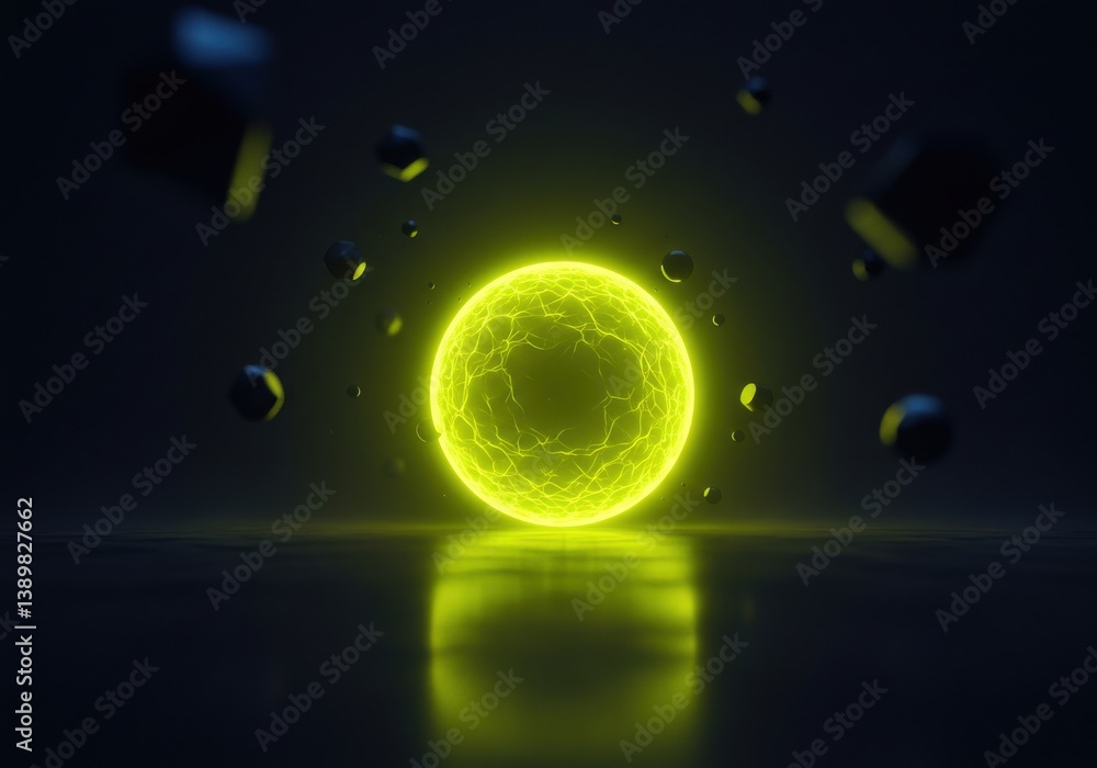 Poster a glowing yellow orb reflecting on a dark surface with floating dark shapes around the sphere