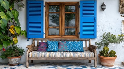 A wooden bench with colorful pillows and window shutters
