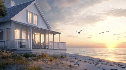 Fototapeta premium Coastal house with open deck and seagulls at sunset, serene atmosphere