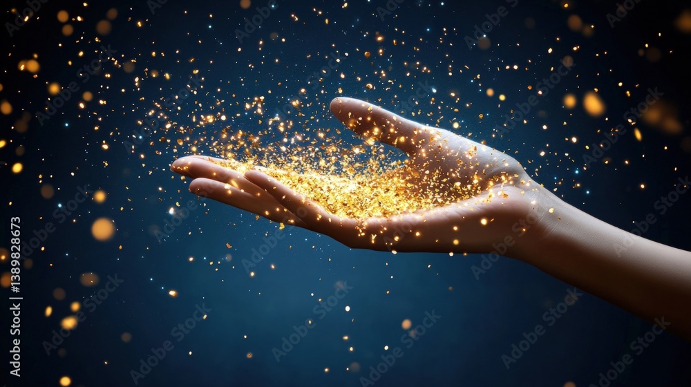 Poster a hand gently cradles a shimme cascade of golden sparkles against a captivating dark blue backdrop c