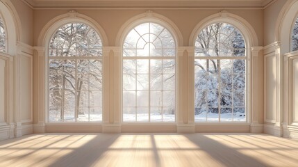 Classic arched windows in grand room showcase snowy landscape. Elegant style of interior design features symmetrical layout. Light streams into room casting shadows on light-colored wooden floor.