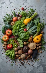 A vibrant pile of assorted fruits and vegetables, including ripe tomatoes, crisp cucumbers, bright oranges, and leafy greens, showcasing a colorful and healthy bounty.