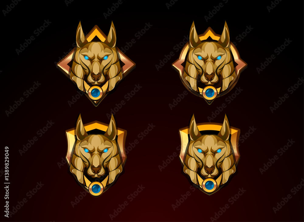 Poster set of anubis head with border shield frame badge and gems with golden 3d game icon fantasy style