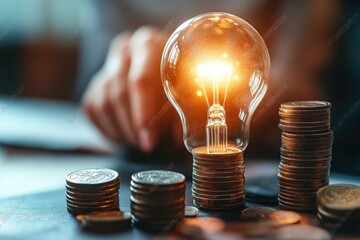 Business Woman Holding Light Bulb with Coin Stacks on Desk Concept of Saving Money and Energy