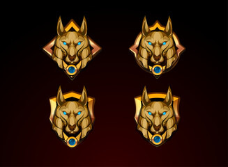 Fototapeta premium set of anubis head with border shield frame badge and gems with golden 3d game icon fantasy style