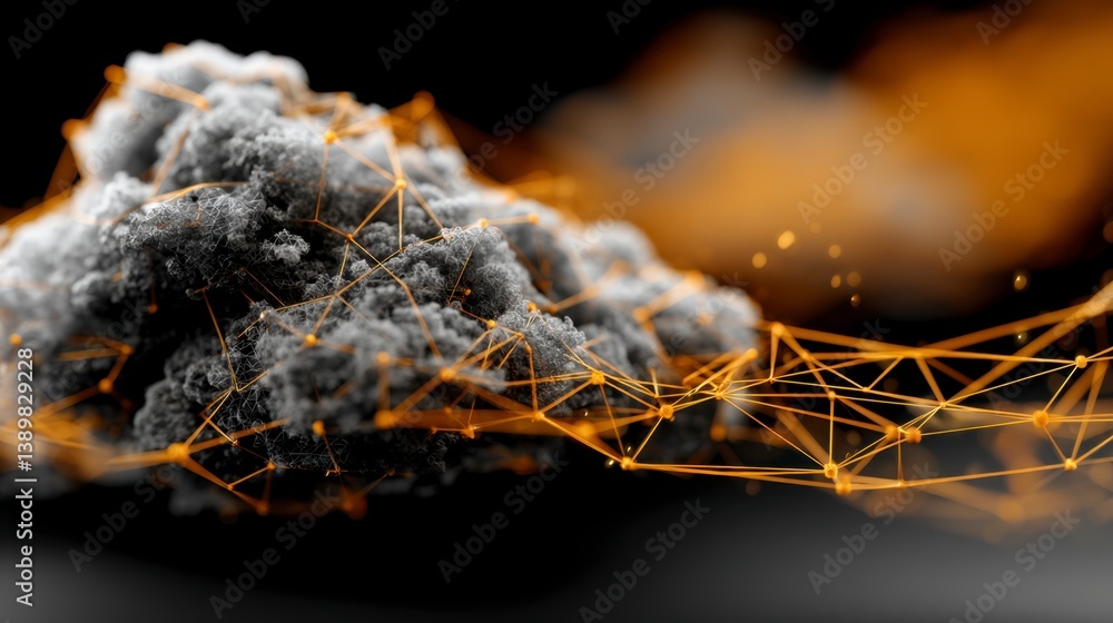 Poster abstract digital art depicting a dark grey cloud with a network of golden lines connecting its parti