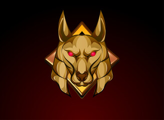 angry anubis icon logo with badge and red eyes, golden 3d game icon fantasy style
