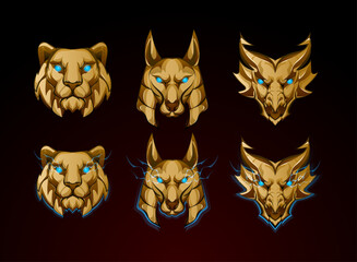 set of animal head lion, anubis, dragon with blue shiny magic eyes, golden 3d game icon fantasy style
