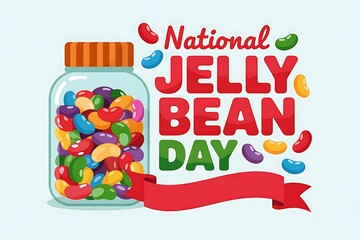 A cheerful jar overflowing with colorful jelly beans celebrating National Jelly Bean Day in a vibrant, playful design.