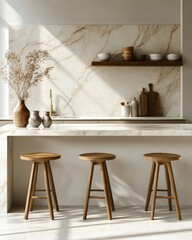 Scandinavian Kitchen Interior Design with Marble Backsplash and Wooden Stools in Modern Home