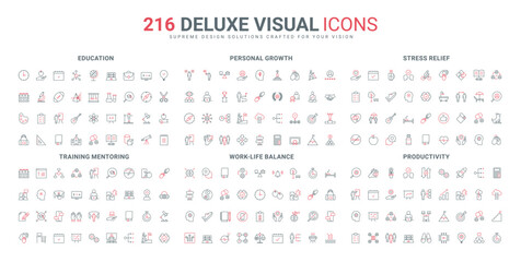 Education, productive training process and mentor help, student knowledge and personal growth line icon set. Work life balance, stress relief thin black and red outline symbols vector illustration