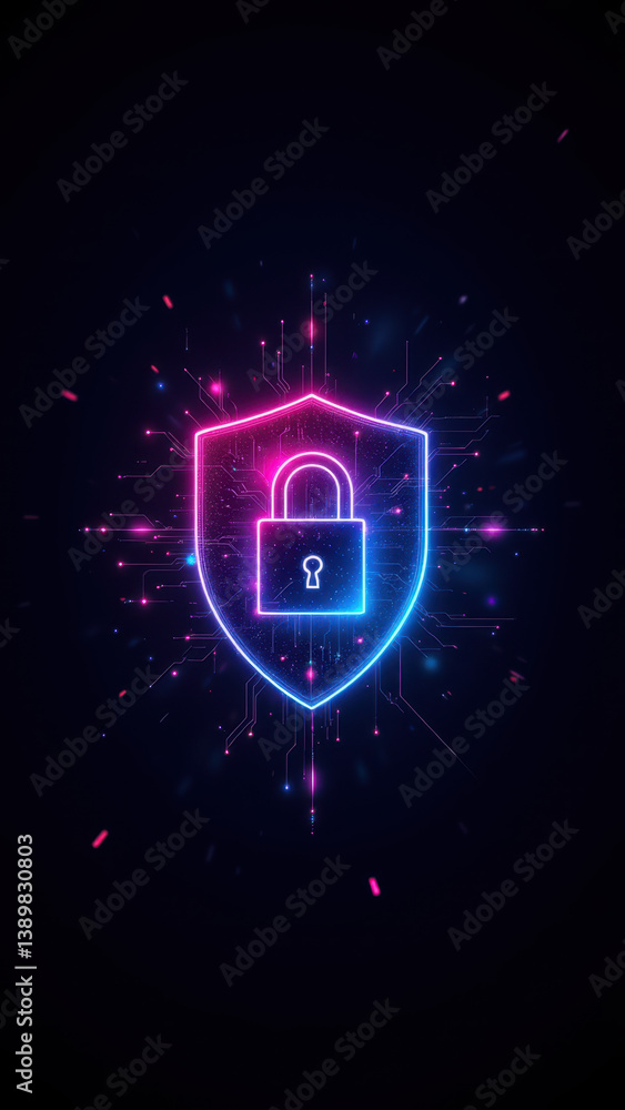 Poster a vibrant graphic symbolizing cybersecurity featuring a lock icon with digital particles exploding a