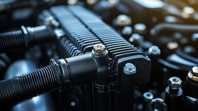 Close-up view of a vehicle's engine cooling system.  Detailed components, like a ribbed cooling assembly and hoses, are visible