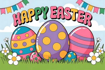 A cheerful Easter greeting featuring vibrantly decorated eggs nestled in spring grass, with a playful "Happy Easter" banner adding festive cheer.