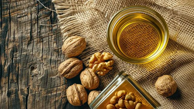 essential oil of walnut on the background of burlap top view