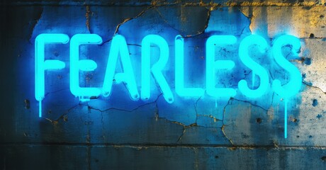 Heavy neon fearless in sharp blue and cyan buzzing on cracked cement wall with light reflections and subtle grit