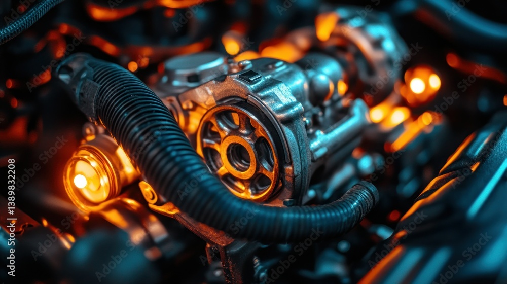 Poster close-up view of an automotive engine's intricate components.