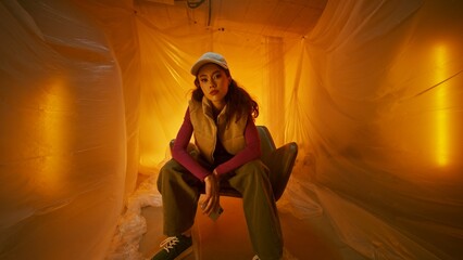 A Fashionable Young Woman Posing Confidently in a Contemporary Artistic Setting